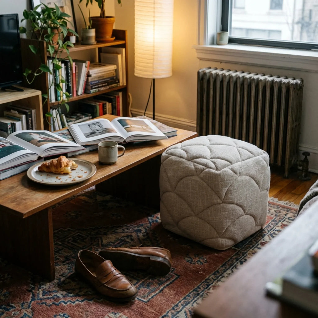 Tuscaro - pouf cubique en coton texturé